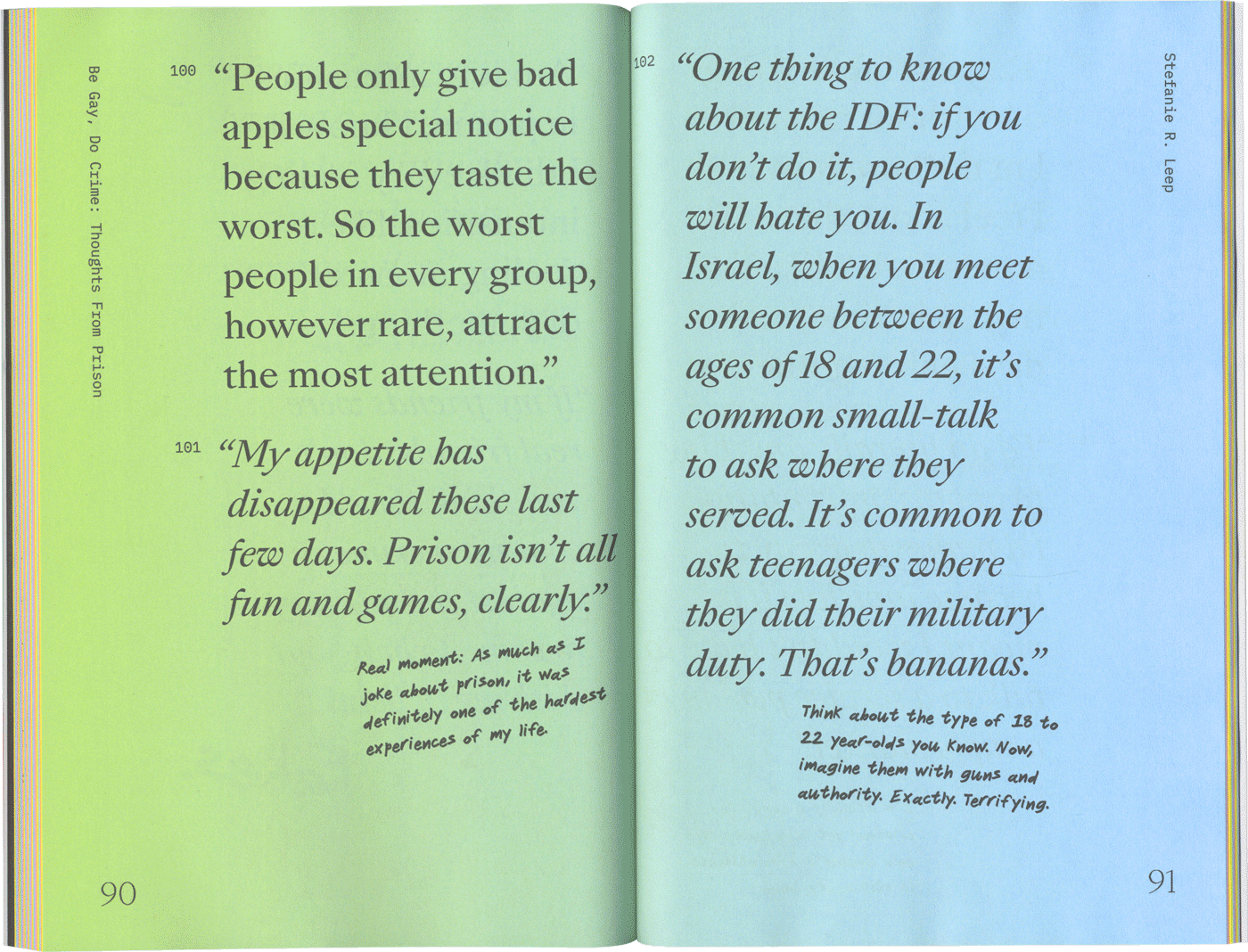 green and blue spread of a book with large quotes and a few small handwritten notes in the margins