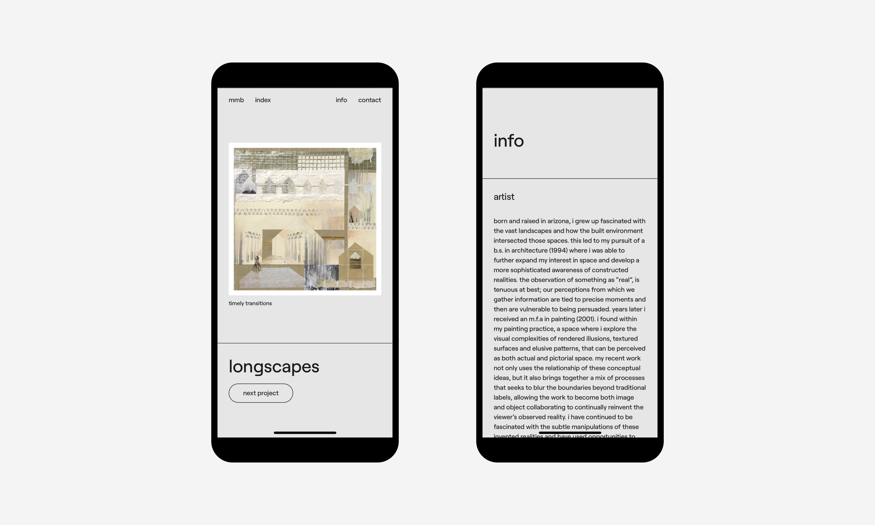 2 mobile screens, 1 of a scrolled project page and a link to the following page, the other of a text-heavy page with the title "info"