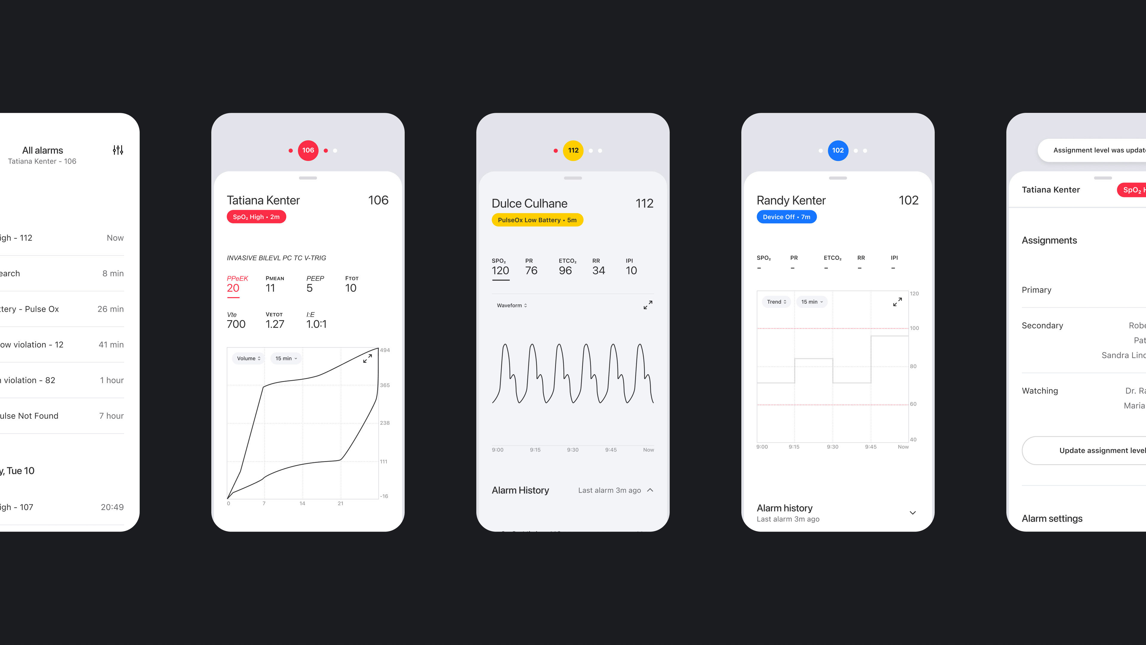 three up of mobile app screens showing the design framework from overview to detail to search pages